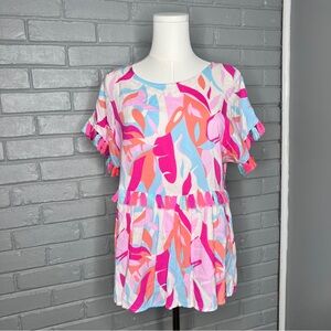 Emily Wonder Vibrant Abstract Colorful Babydoll Short Sleeve Blouse Size Small